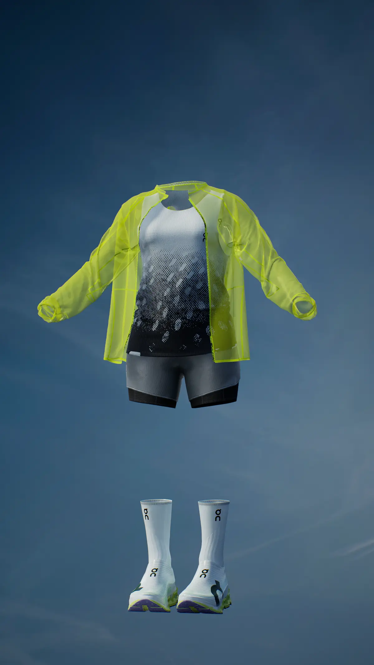 Digital On apparel: a lime jacket, shorts, and running shoes against a blue sky